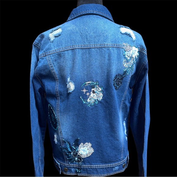 Skull Moon & Roses Embroidered Distressed Denim Jacket - Picture 2 of 9